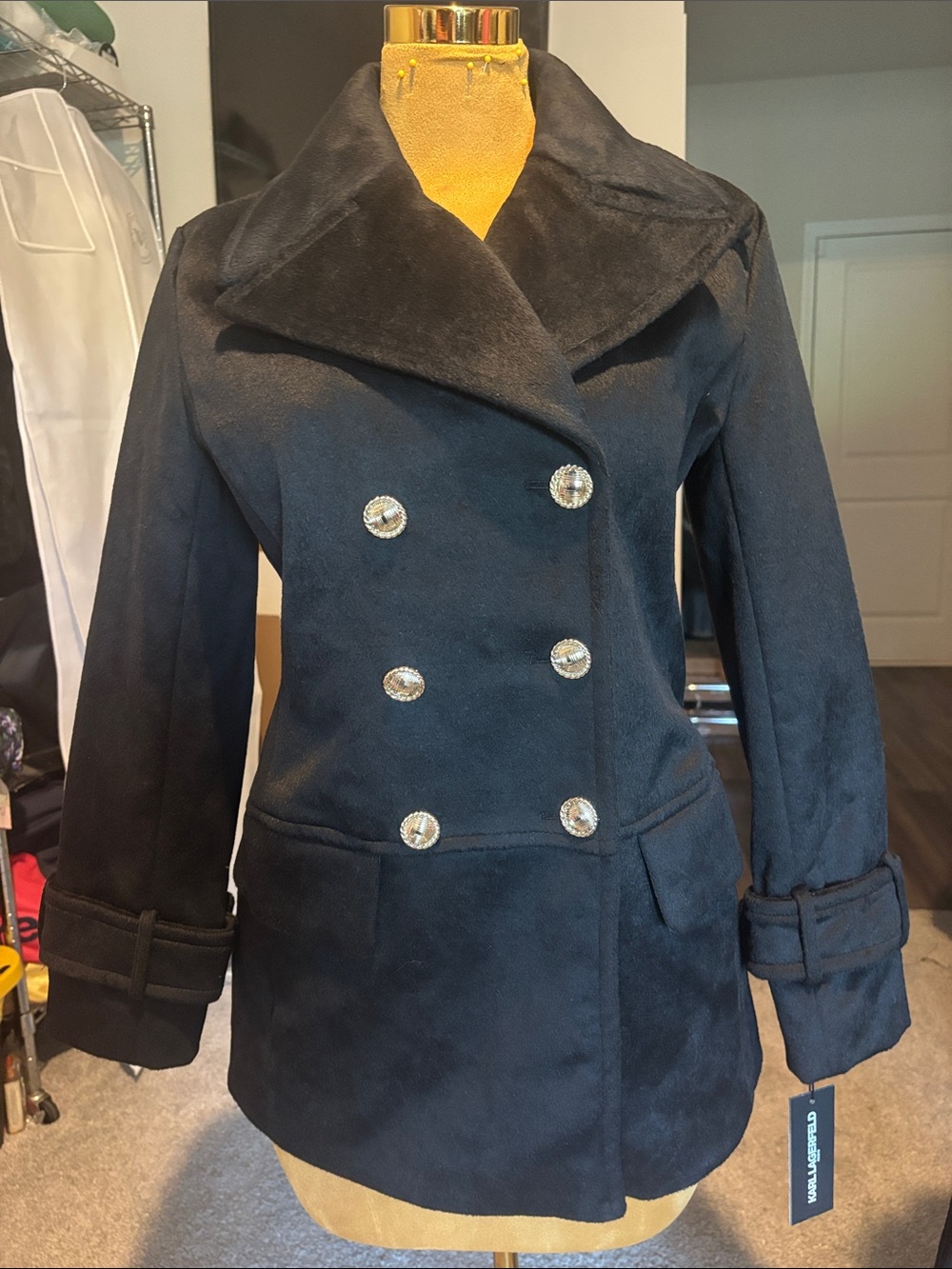 Karl Lagerfeld Black Double-Breasted Peacoat with Decorative Buttons
